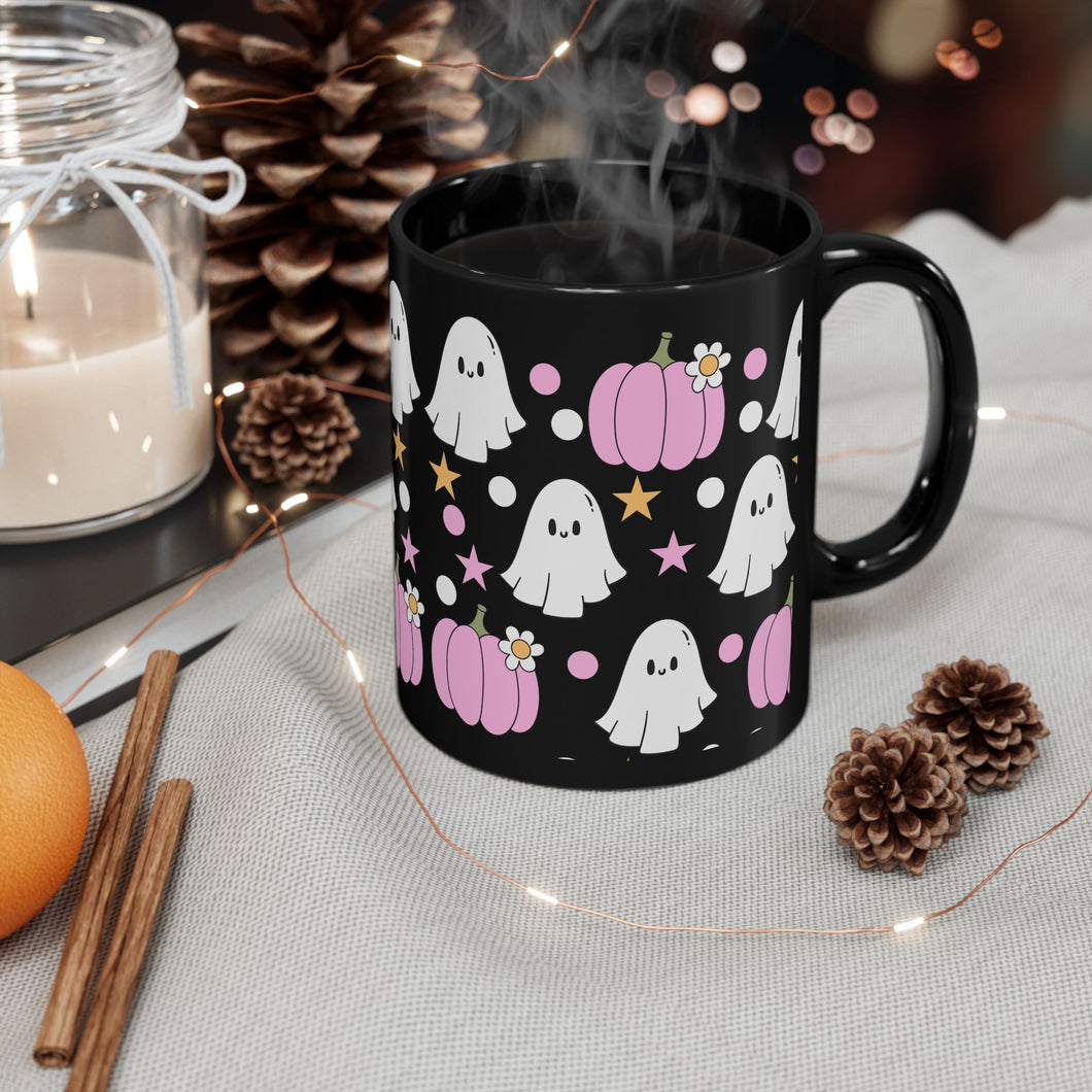 Pink Pumpkins and Ghosts Black Mug 11oz