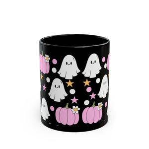 Pink Pumpkins and Ghosts Black Mug 11oz