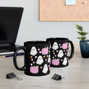 Pink Pumpkins and Ghosts Black Mug 11oz