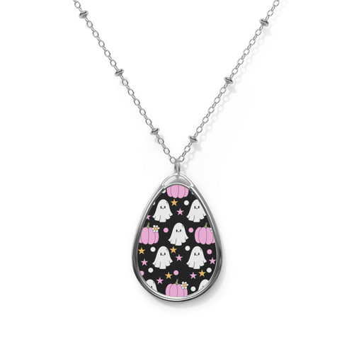 Pink Pumpkins and Ghosts Oval Necklace