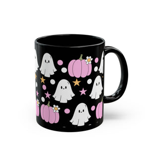 Pink Pumpkins and Ghosts Black Mug 11oz